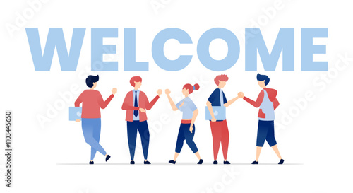 vector illustration of Large Welcome Text with Friendly Young Men and Women Below, Greeting and Welcoming Users, Perfect for Homepage and Website Opening for Online Platforms