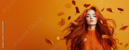 a tranquil autumn-themed portrait of a woman with long, voluminous auburn hair adorned with scattered leaves in vibrant fall shades, wearing a mustard yellow sweater