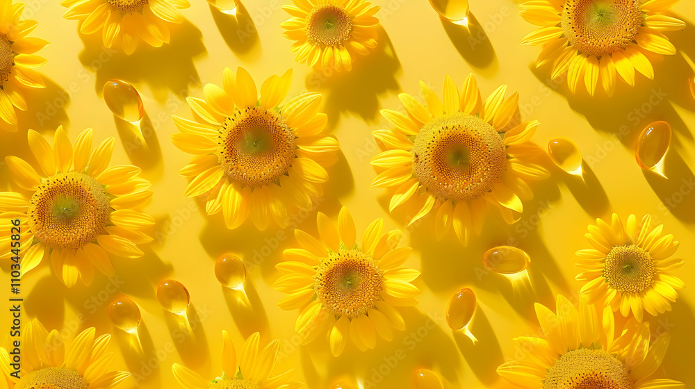 Fototapeta premium Vitamin d pattern on yellow background. Top view. Clip art.