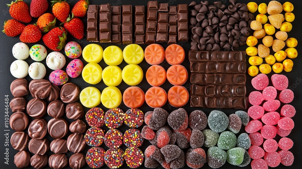 Assorted Candies and Chocolate Arranged on Black Background Assorted Candies and Chocolate Arranged on Black Background