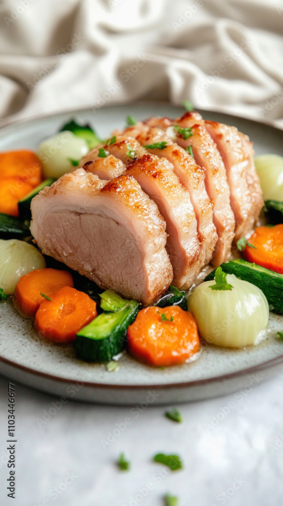 Sliced roasted pork loin with pickled onions and chinese broccoli Sliced roasted pork loin with pickled onions and chinese broccoli