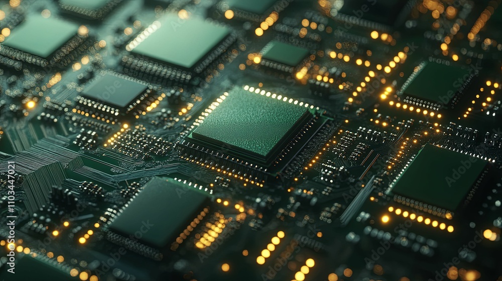 Illuminated Circuit Board Showing Multiple Microchips Illuminated Circuit Board Showing Multiple Microchips