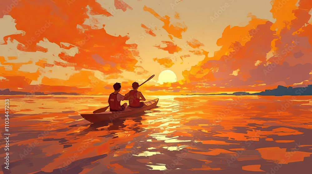 Two Kayakers Paddle Towards Sunset Over Calm Water Two Kayakers Paddle Towards Sunset Over Calm Water
