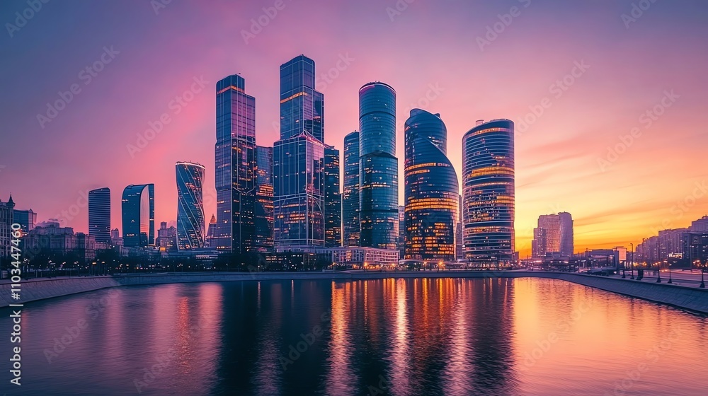 Moscow skyline at dusk with a beautiful sunset. Moscow skyline at dusk with a beautiful sunset.