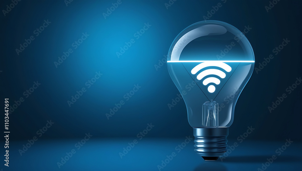 Light Bulb with Glowing Wi-Fi Symbol, Wi-Fi symbol, wireless technology, blue gradient background. Light bulb with wifi symbol is glowing on blue background Light Bulb with Glowing Wi-Fi Symbol, Wi-Fi symbol, wireless technology, blue gradient background. Light bulb with wifi symbol is glowing on blue background