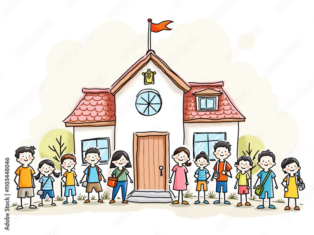 Group of students standing in front of school building waving goodbye Group of students standing in front of school building waving goodbye