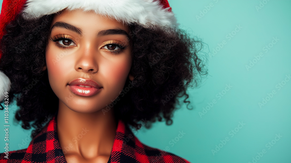 Stylish Close-Up of a Young Afro-Latina Santa Claus with Dewy Skin and Warm Bronze Eyeshadow in Fitted Red and Black Plaid Suit Against Pastel Green Background for Holiday Luxury Stylish Close-Up of a Young Afro-Latina Santa Claus with Dewy Skin and Warm Bronze Eyeshadow in Fitted Red and Black Plaid Suit Against Pastel Green Background for Holiday Luxury