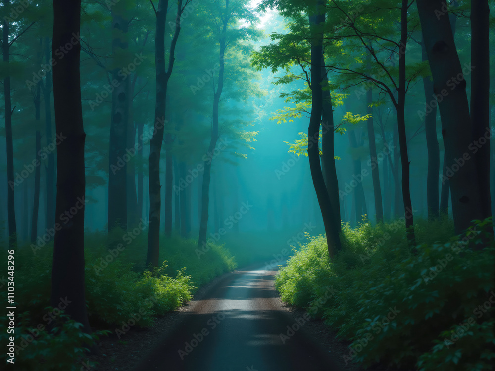 Obraz premium Empty road leading through foggy forest in summer