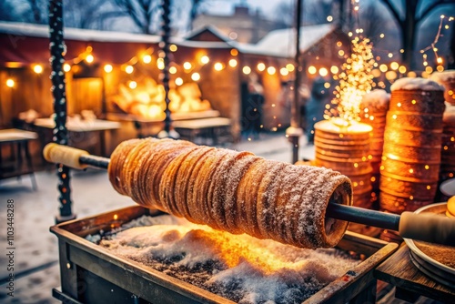 Silhouette of Traditional Eastern European Christmas Chimney Cake with Cinnamon and Spices Amidst a Winter Street Food Scene, Evoking Aromatic Seasonal Delights