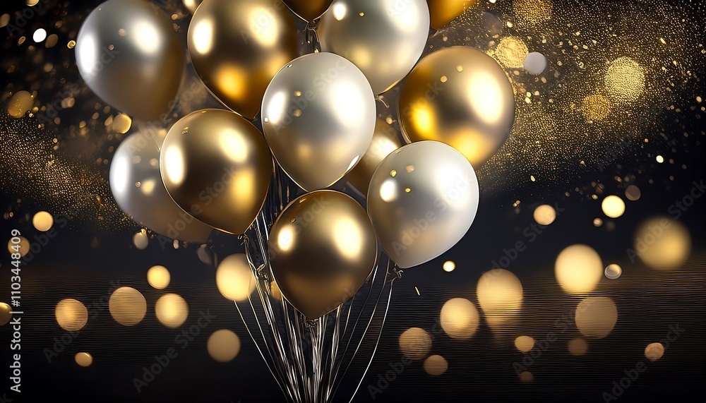 Gold and silver balloons celebrating in the night sky on New Year's Eve, creating a festive scene. Gold and silver balloons celebrating in the night sky on New Year's Eve, creating a festive scene.