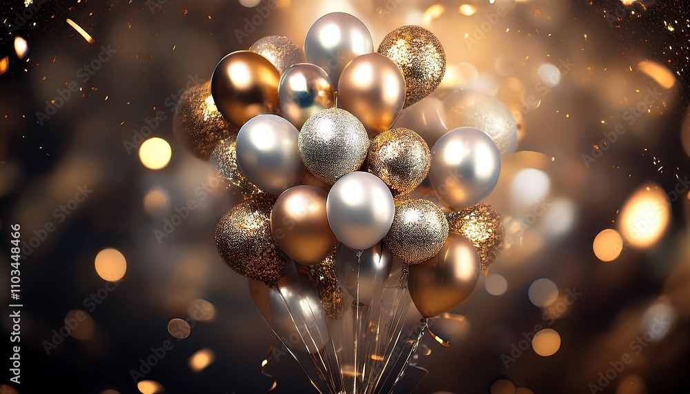 Gold and silver balloons tied around a rope above trees, creating a festive, celebratory scene. Gold and silver balloons tied around a rope above trees, creating a festive, celebratory scene.