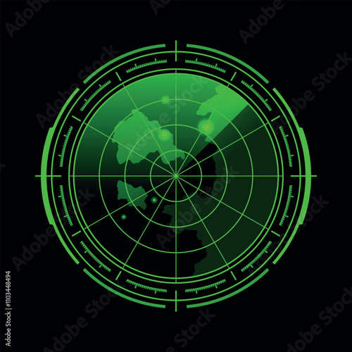Radar screen displaying green signals on a black background for navigation and tracking purposes