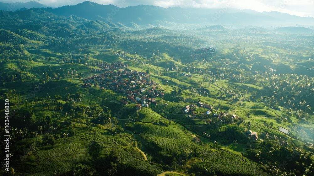Aerial View of Lush Green Tea Plantation with Small Village Nestled in Rolling Hills Aerial View of Lush Green Tea Plantation with Small Village Nestled in Rolling Hills
