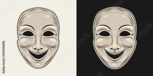 Theatrical comedy head mask. Laughing smiling face. Detailed illustration in vintage style. Front view.