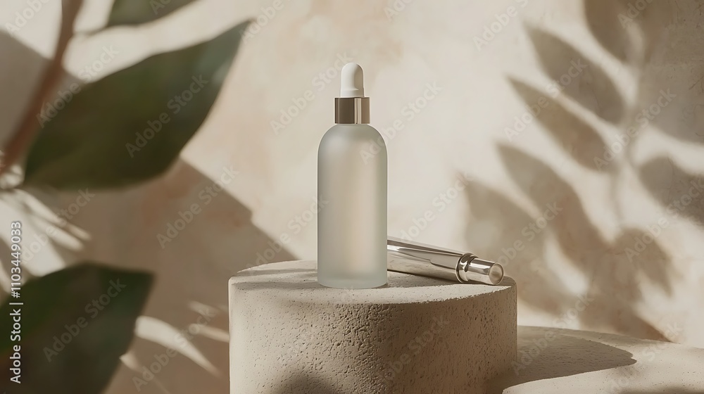 Frosted Glass Dropper Bottle and Metal Applicator on Beige Pedestal