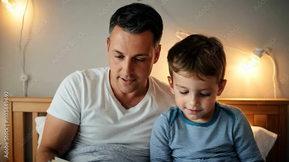 Father and son bedtime storytelling in cozy bedroom setting Father and son bedtime storytelling in cozy bedroom setting