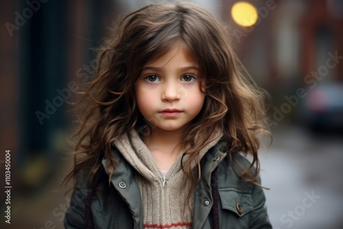 Portrait of a beautiful little girl with long curly hair on the street