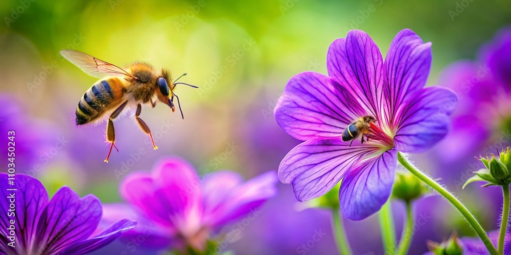 Captivating Moment of a Bee Hovering Above a Vibrant Purple Geranium Flower in a Lush Garden Setting – Perfect for Nature and Pollination Photography Captivating Moment of a Bee Hovering Above a Vibrant Purple Geranium Flower in a Lush Garden Setting – Perfect for Nature and Pollination Photography