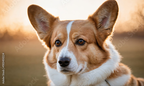 Portrait of a Pembroke Welsh Corgi at sunset