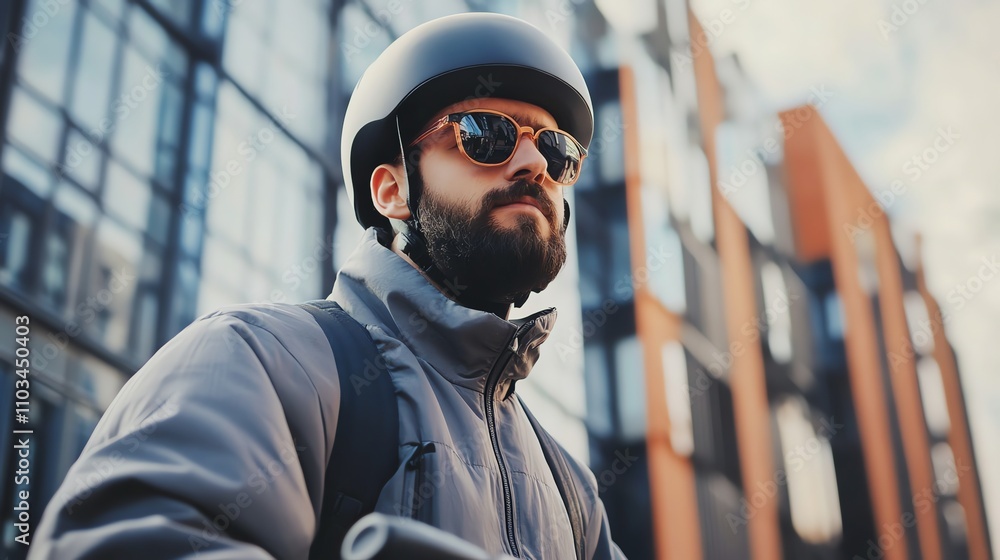 A man in a helmet and sunglasses stands with his scooter on a city street. A man in a helmet and sunglasses stands with his scooter on a city street.
