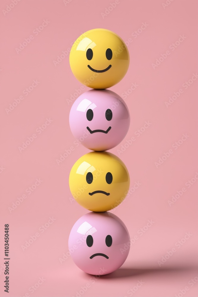 Stacked glossy spheres displaying happy and sad faces Stacked glossy spheres displaying happy and sad faces
