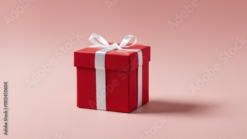 Red gift box with white ribbon sits on pink background