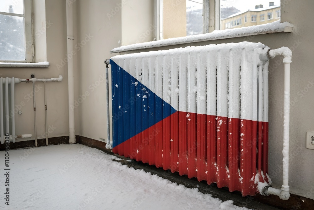 A snow-covered radiator painted with the Czech Republic flag indoors. Represents winter heating, energy, and national identity in freezing conditions.