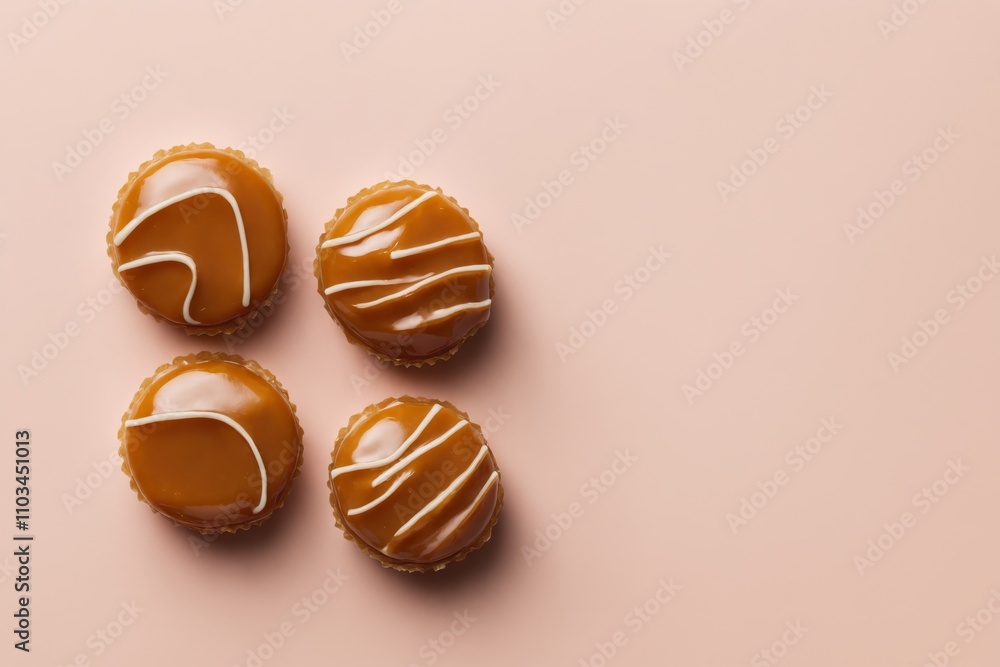 Four caramel-topped cupcakes arranged on a pink background Four caramel-topped cupcakes arranged on a pink background