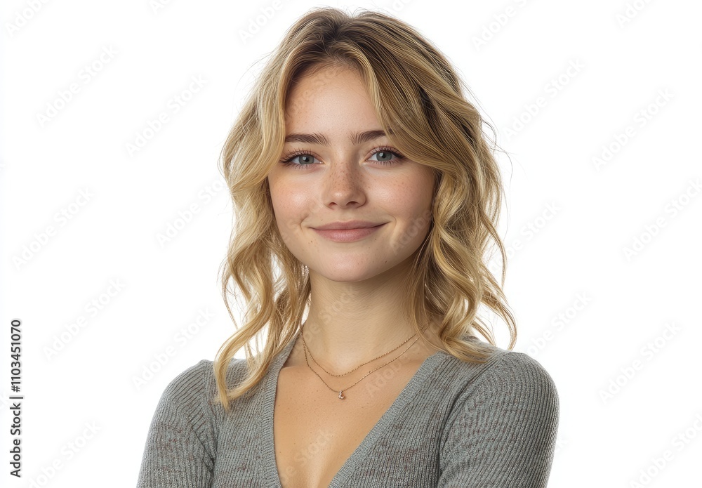 A smiling young woman with wavy hair, wearing a gray top, exuding confidence and warmth. A smiling young woman with wavy hair, wearing a gray top, exuding confidence and warmth.