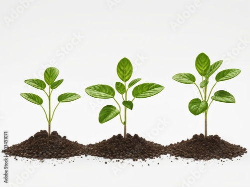 Three young plants in soil against a white background