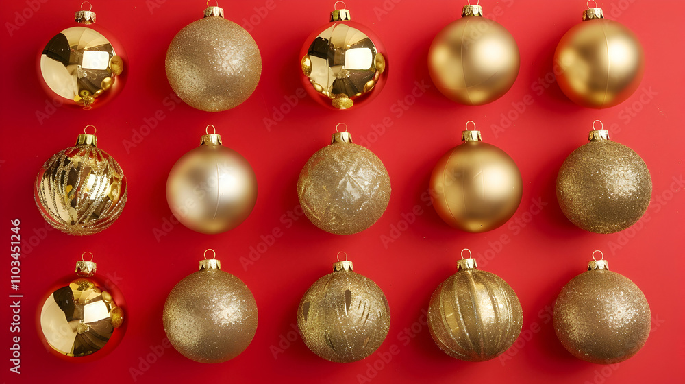 Collection of golden Christmas baubles viewed from above on red background. Copy space. Collection of golden Christmas baubles viewed from above on red background. Copy space.