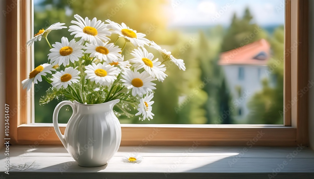 Vase with chamomile flowers stands on the windowsill, creating a serene, charming, and natural scene. Vase with chamomile flowers stands on the windowsill, creating a serene, charming, and natural scene.