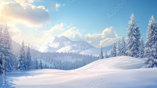 Wallpaper Mural Snowy Mountain Landscape with Fir Trees and Blue Sky Torontodigital.ca