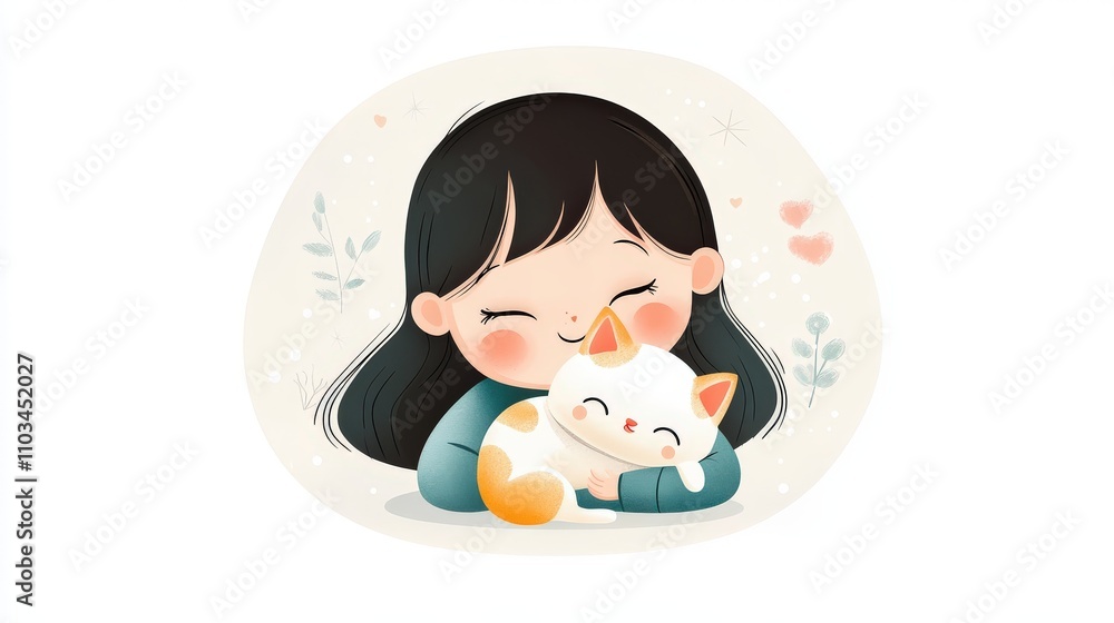 A cheerful young girl cradling her adorable cat, both sharing a happy moment together. Flat vector design with soft, pastel tones. A cheerful young girl cradling her adorable cat, both sharing a happy moment together. Flat vector design with soft, pastel tones.