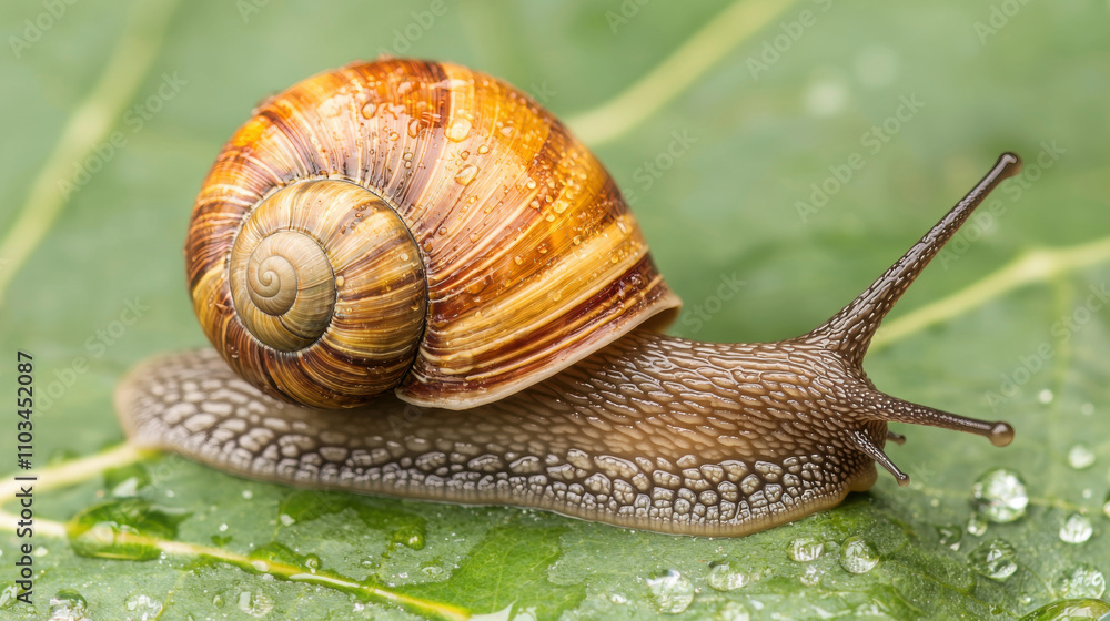 Snail on dewy leaf with intricate shell patterns Snail on dewy leaf with intricate shell patterns