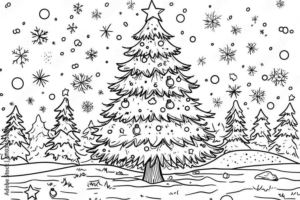 An outlined black and white color book page with a Christmas tree as line art An outlined black and white color book page with a Christmas tree as line art
