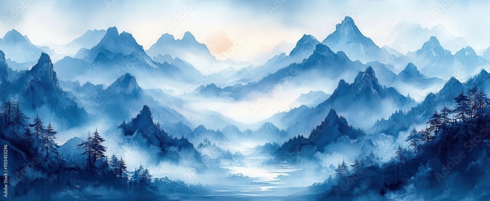 lush blue mountains in the background watercolor style luxury oriental landscape soft brushstrokes creating a serene atmosphere perfect for home decor and artistic prints lush blue mountains in the background watercolor style luxury oriental landscape soft brushstrokes creating a serene atmosphere perfect for home decor and artistic prints