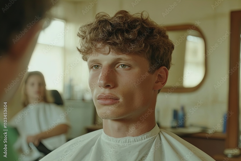 Young man with curly hair sits in barber chair waiting for haircut in vintage barbershop setting Young man with curly hair sits in barber chair waiting for haircut in vintage barbershop setting