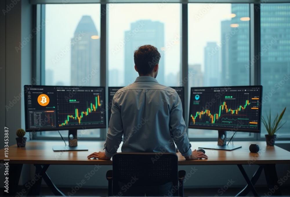 A financial trader sits at a desk with multiple computer screens, analyzing market trends in a high-rise office. The scene reflects focus, technology, and the fast-paced world of trading. A financial trader sits at a desk with multiple computer screens, analyzing market trends in a high-rise office. The scene reflects focus, technology, and the fast-paced world of trading.