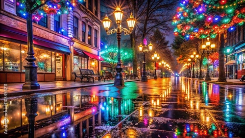 Captivating Panoramic View of Colorful Holiday Lights Reflected on a Rainy Sidewalk, Creating a Magical Atmosphere in an Urban Setting During the Festive Season