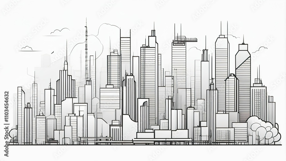 Simple black and white ink artwork of a modern big city. Buildings, skyscrapers, industry objects. Business heart of the country. Basic minimalist drawing on a white background. Simple black and white ink artwork of a modern big city. Buildings, skyscrapers, industry objects. Business heart of the country. Basic minimalist drawing on a white background.