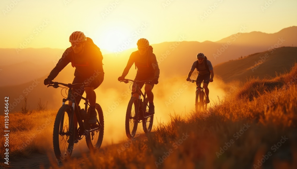 Fototapeta premium Two cyclists ride their bikes along a mountain trail during sunset, casting long shadows on the path. The warm lighting enhances the adventurous and energetic mood of the scene.