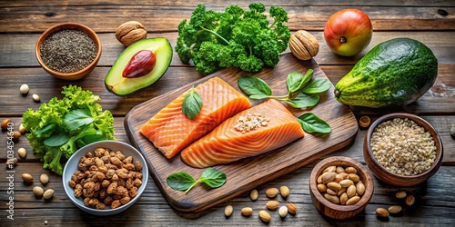 Vibrant Display of Omega-3 Rich Foods for a Healthy Keto Lifestyle: Animal and Vegetable Sources of Healthy Fats for Low Carb Diets photo