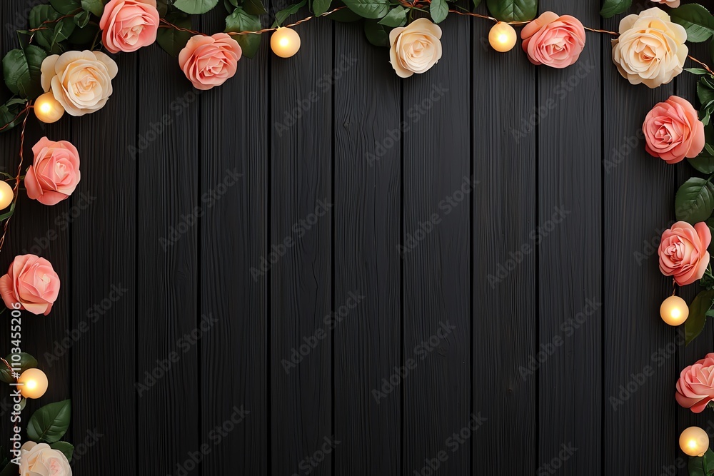 A beautiful arrangement of pink and cream roses with greenery and glowing lights on a dark wooden background, perfect for a romantic or festive setting.