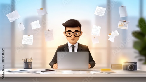 Asian businessman working hard at his desk, typing on a laptop with papers scattered around. Vector illustration showing focus and determination in a professional setting.