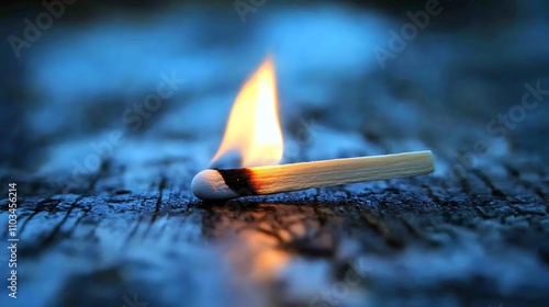 Burning Matchstick On Dark Wooden Surface