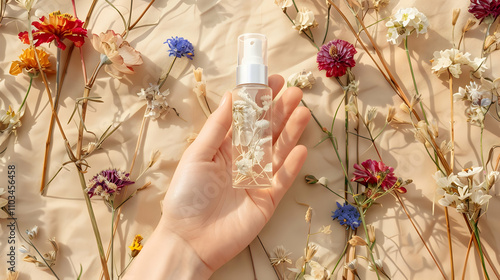 Top view of face serum bottle in hand on beige. Dried multicolored flowers around bottle.