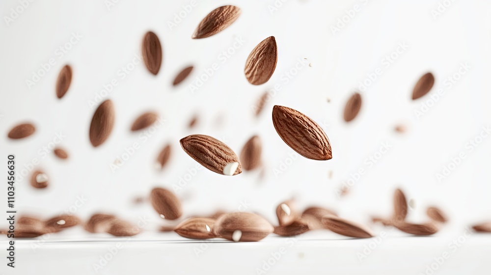 Almonds Falling on White Background - Fresh, Healthy Snack Almonds Falling on White Background - Fresh, Healthy Snack