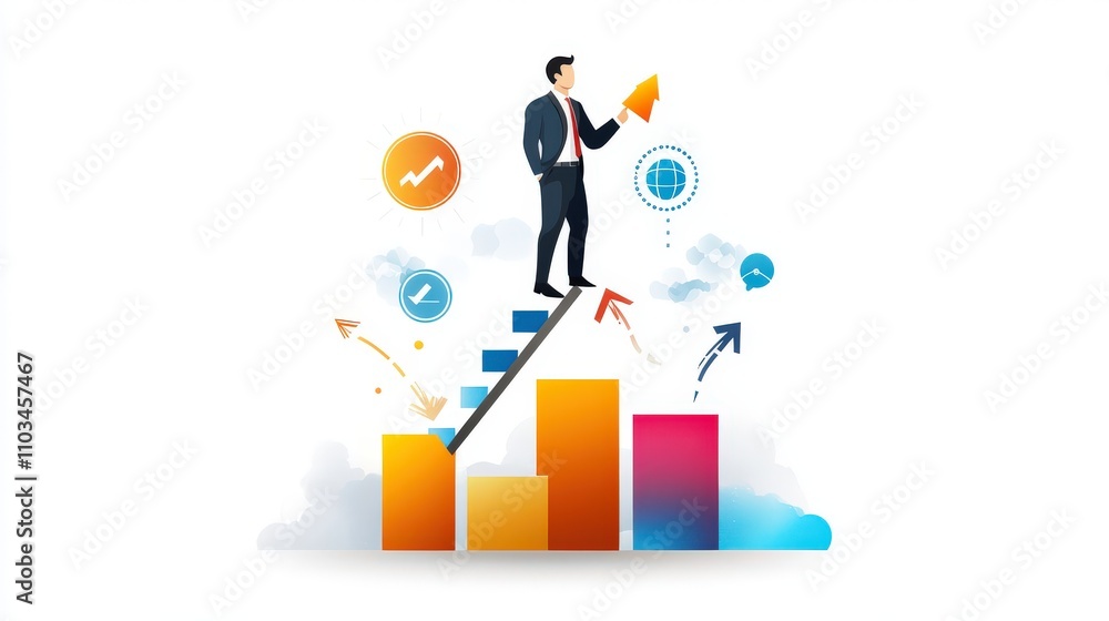 Flat design showing a businessman climbing a growth ladder, with abstract arrows and icons representing career success, business improvement, and personal development. Flat design showing a businessman climbing a growth ladder, with abstract arrows and icons representing career success, business improvement, and personal development.