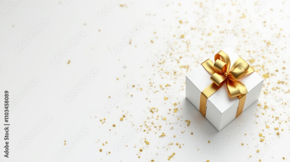 Elegant White Gift Box With A Golden Bow And Sparkling Confetti Elegant White Gift Box With A Golden Bow And Sparkling Confetti